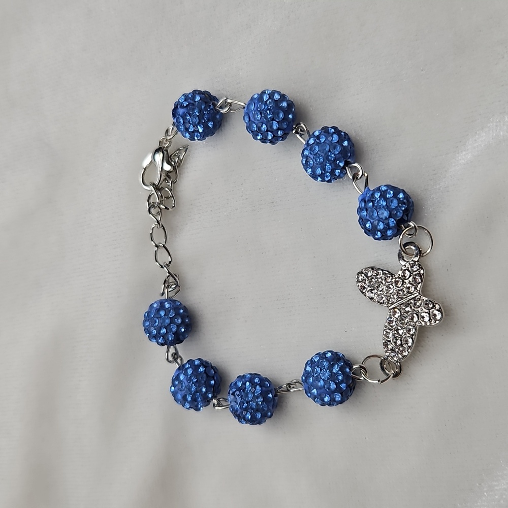 Blue Rhinestone Beaded Bracelet Rhinestone Butterfly Silver Tone Fashion NWOT